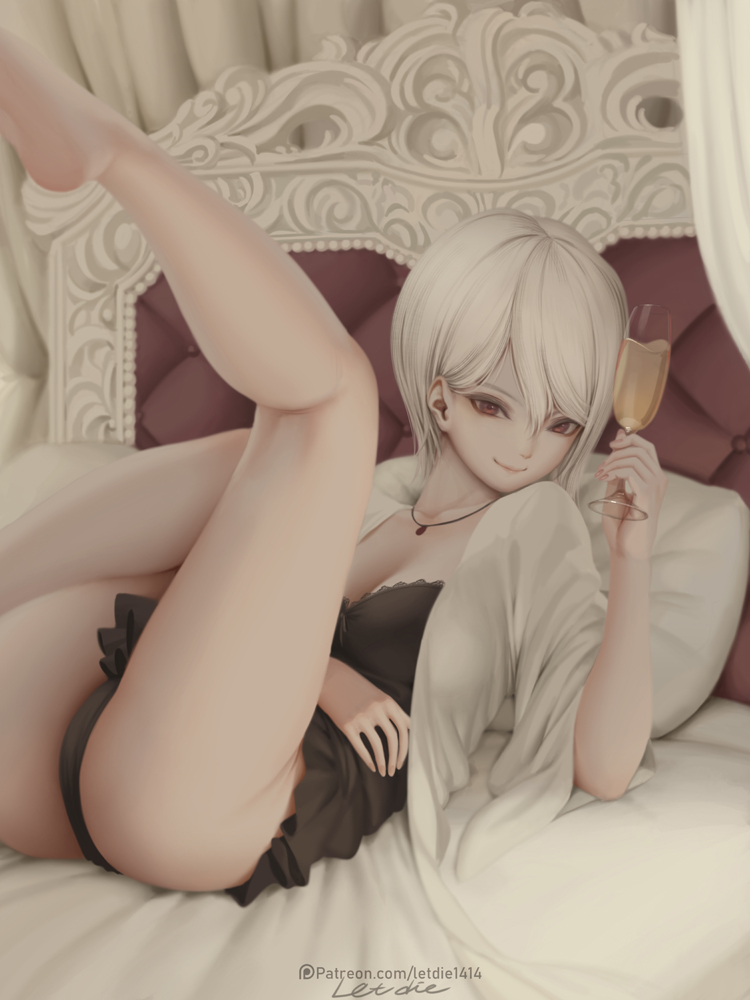 1girls, alluring, artist name, ass, black lingerie, breasts, cup, drink, female, indoors, legs up, letdie1414, lingerie, looking at viewer, nakiri alice, on bed, patreon, patreon username, red eyes, shokugeki no souma, smile, tights, white hair, white-haired female