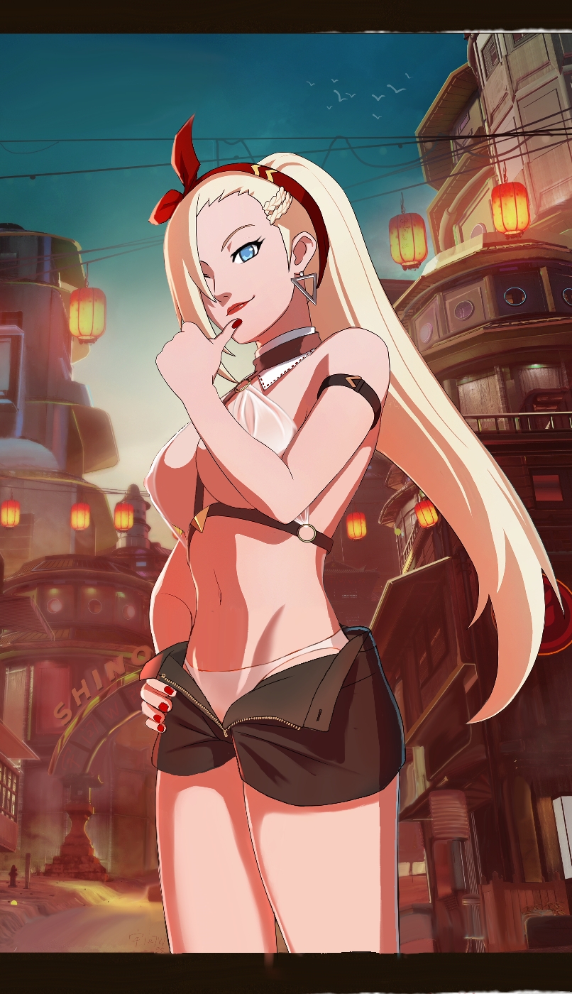 1girls, alternate costume, big breasts, blonde hair, breasts, busty, center opening, cleavage, crop top, detached collar, female, female only, hair ornament, ino yamanaka, lipstick, looking at viewer, makeup, midriff, nail polish, naruto, naruto (series), naruto shippuden, no bra, official alternate costume, official art, one eye closed, panties, ponytail, revealing clothes, ribbon, smile, solo, solo focus, standing, thumbs up, tied hair, unbuttoned, unbuttoned shorts, wink