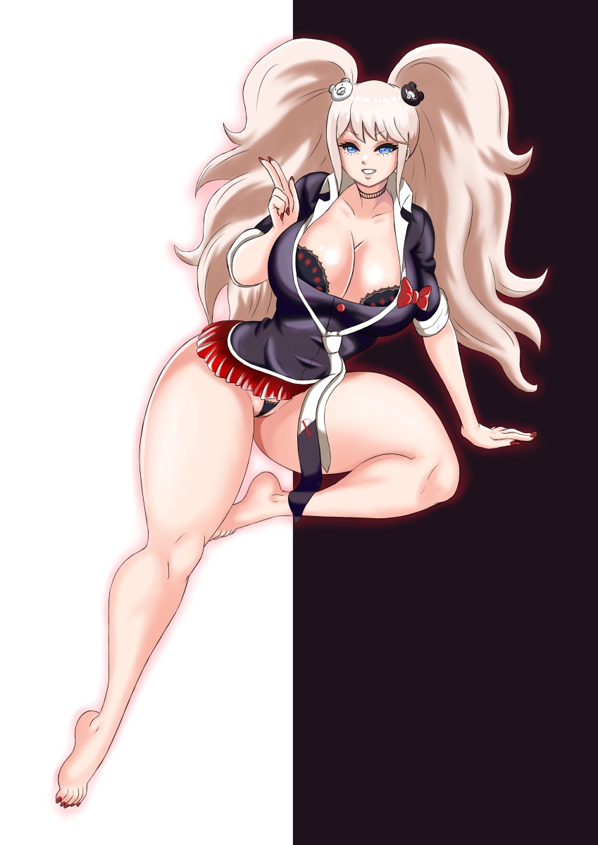 big_breasts bra bra_cups_sticking_out danganronpa female female_only junko_enoshima long_hair nexus-sig picot_trim picot_trim_bra solo solo_female solo_focus straight_hair