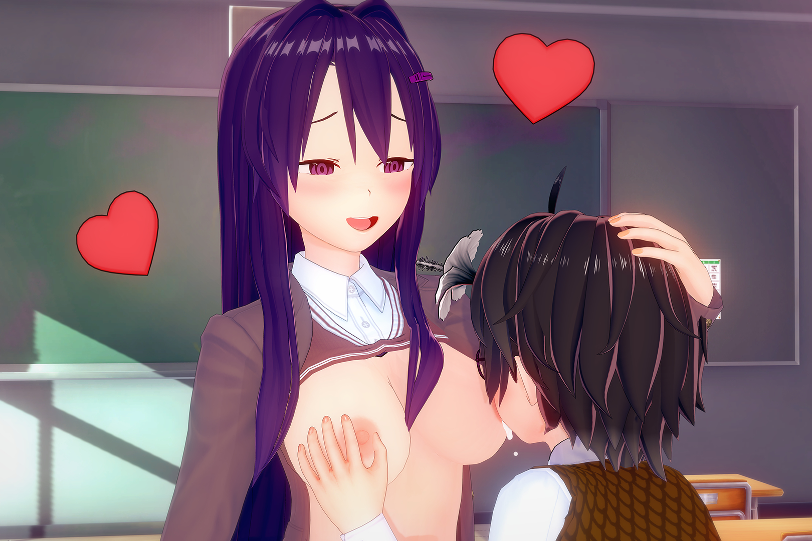 1boy, 1girls, 3d, areolae, artist request, big breasts, blush, breast grab, breast sucking, breastfeeding, breasts, doki doki literature club, female, hand on breast, hand on head, heart, koikatsu, koikatu, lactation, larger female, long hair, male, milk, nipples, open school uniform, purple eyes, purple hair, school uniform, schoolboy, schoolgirl, smaller male, smile, smiling, straight, sucking nipples, unseen male face, yuri (doki doki literature club)