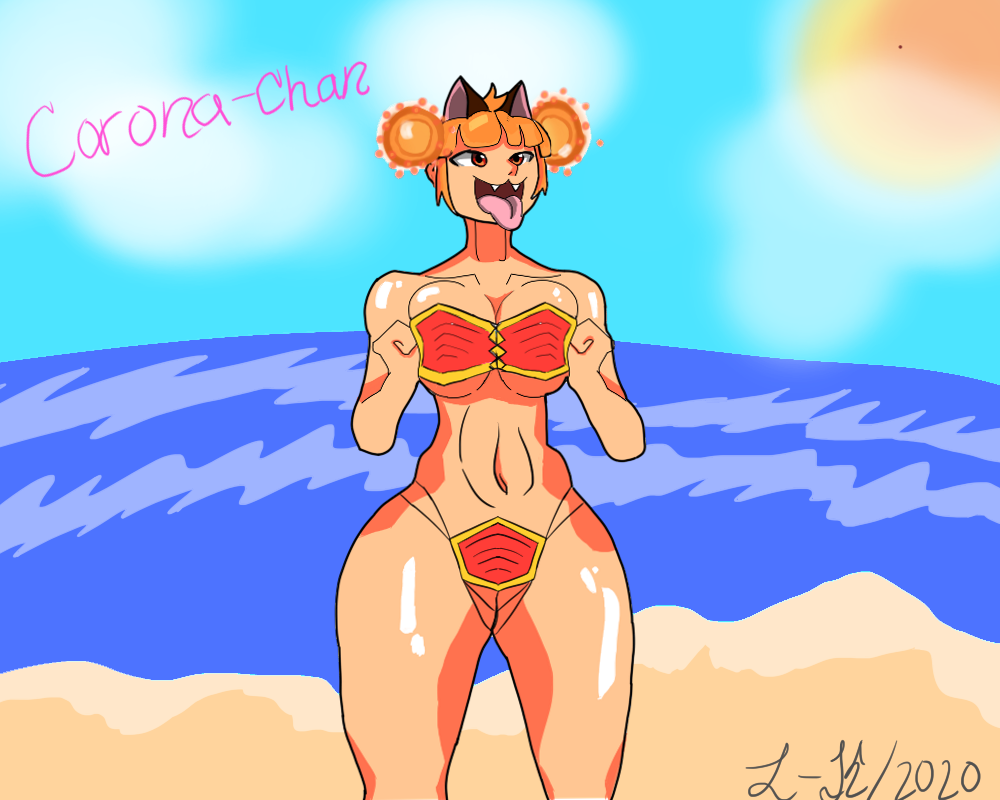 1girls beach breast_squish breasts corona_chan coronavirus covid-19_pandemic facemask female meme thick_thighs tongue_out