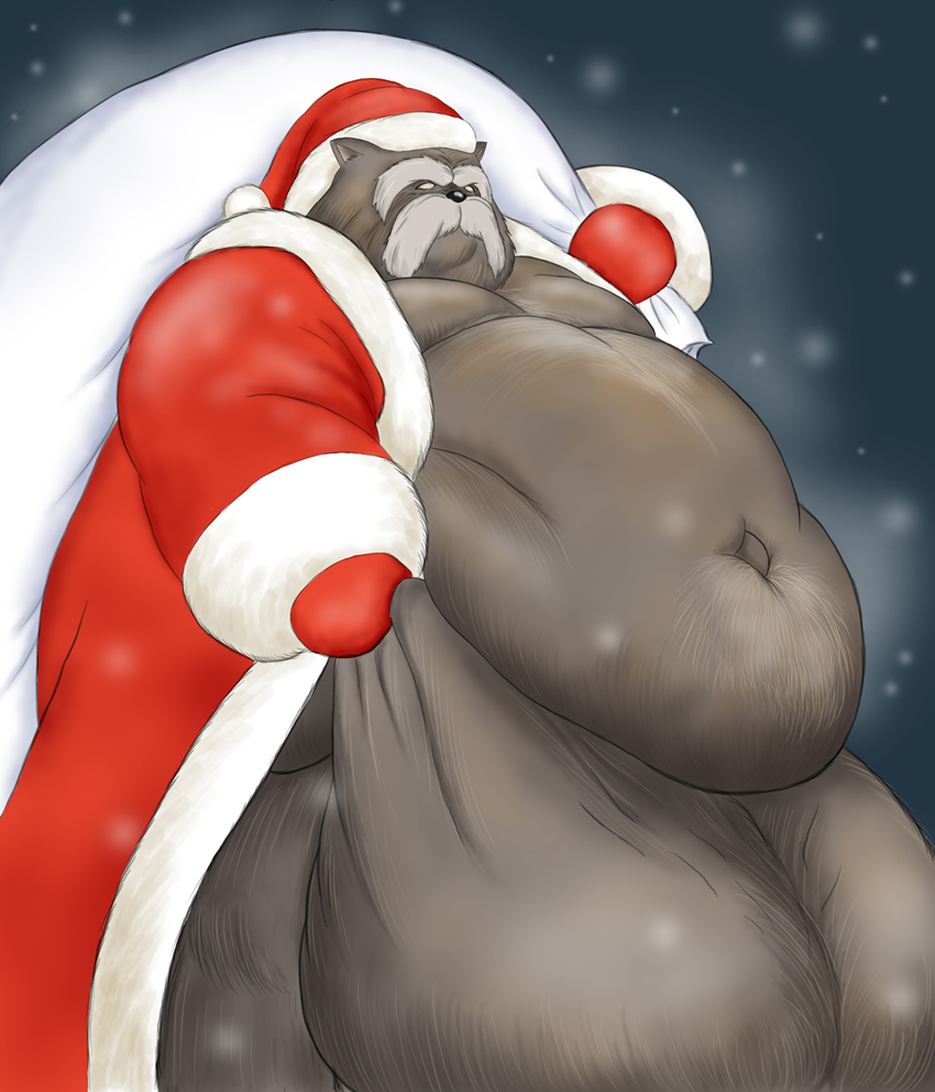 2010 anthro balls belly big_balls canid canine christmas clothing doguma-sin facial_hair genitals hat headgear headwear holidays inugami_gyoubu_(nurarihyon_no_mago) male mammal moustache navel nurarihyon_no_mago obese outside overweight overweight_male raccoon_dog santa_claus santa_hat snow solo tanuki