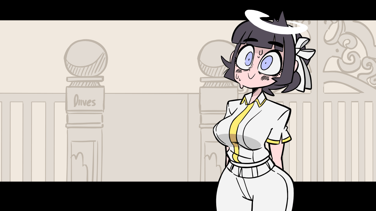 1girls, angel, animated, azazel (helltaker), big breasts, black hair, blue eyes, blush, bodily fluids, breasts, diives, female, halo, helltaker, patreon, text, watermark