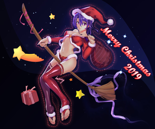 background broom christmas hentaitop klose_rinz looking_at_viewer medium_breasts presents purple_eyes purple_hair sack stars the_legend_of_heroes trails_in_the_sky