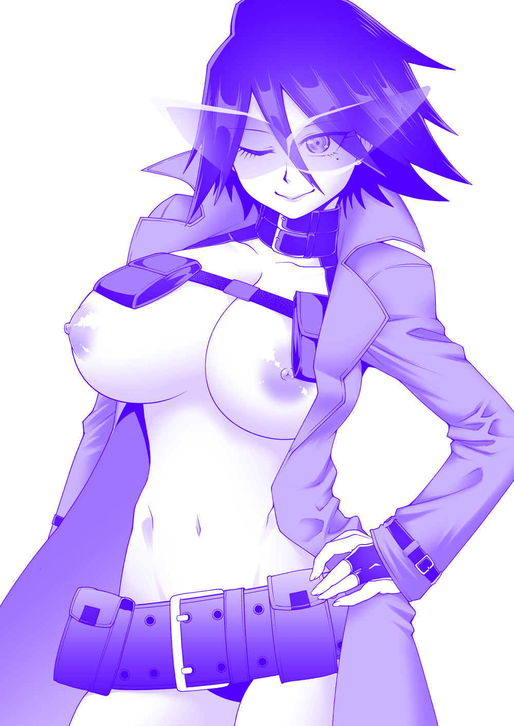 1girls areolae belt black_hair black_jacket boku_no_hero_academia breasts eyebrows_visible_through_hair female female_only hero_outfit_(mha) highres jacket kamina_shades large_breasts long_sleeves looking_at_viewer midnight_(my_hero_academia) midnight_(old_costume)_(my_hero_academia) my_hero_academia nemuri_kayama nipples shiny shiny_hair shiny_skin short_hair simple_background smile solo solo_female sunglasses tinted_eyewear vigilante:_my_hero_academia_illegals visor white_background