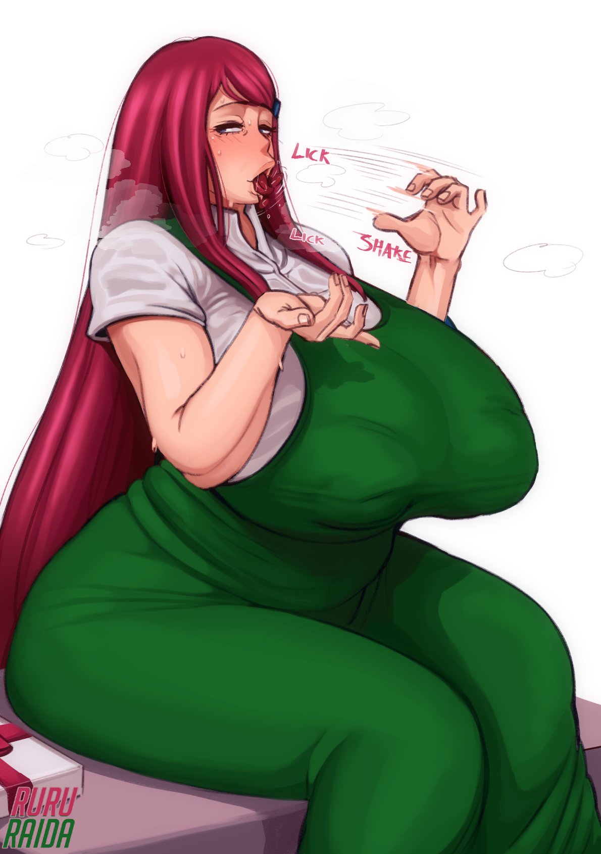 1girls, bbw, breasts, cleavage, fellatio gesture, female, female only, green clothing, huge breasts, milf, naruto, naruto (series), nipple bulge, open mouth, plump, ruru-raida, solo, tongue, tongue out, uzumaki kushina, venus body