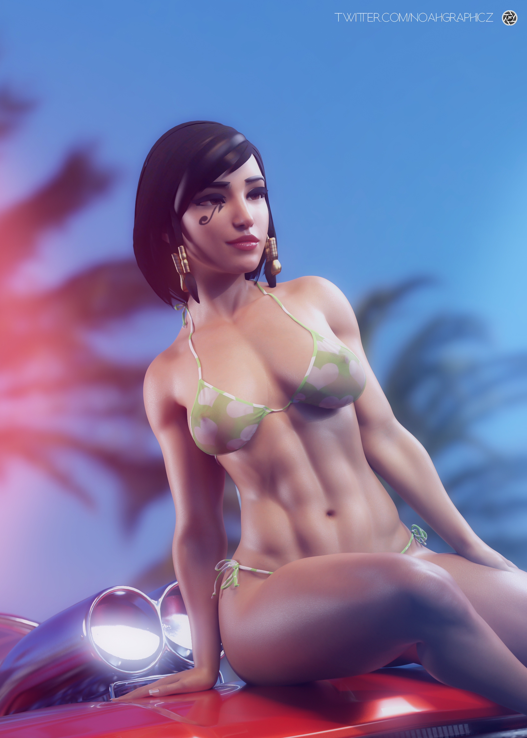 1girls, 3d, 3d (artwork), abs, bikini, blizzard entertainment, car, dark skin, dark-skinned female, daz studio, egyptian, female, french nails, hair ornament, joelgraphz, noahgraphicz, overwatch, pharah, pose, posing, solo, swimsuit, vehicle, visible nipples, watermark