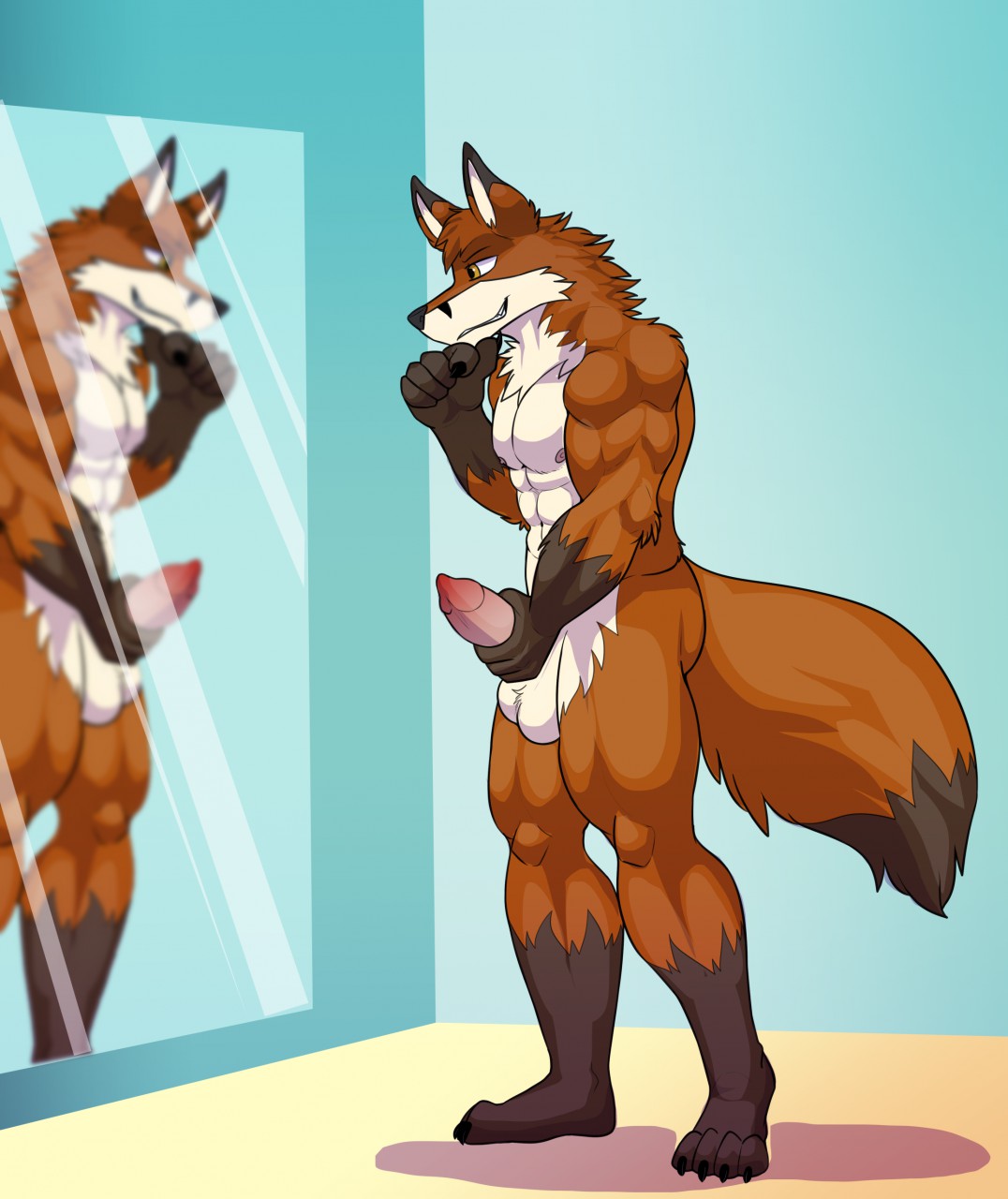 abs andy_renard anthro balls biceps canid canine fox genitals growth hi_res intimatewolf male male_only mammal mirror muscle_growth muscular muscular_male pecs penis solo were werecanid werecanine werefox