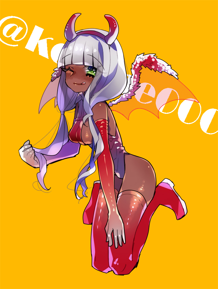 cosplay costume danganronpa danganronpa_v3 dark-skinned_female dark_skin demon_horns devil_costume female_only headband korone latex_boots latex_bra latex_gloves latex_thighhighs one_eye_closed smooth_skin tongue_out white_hair yonaga_angie