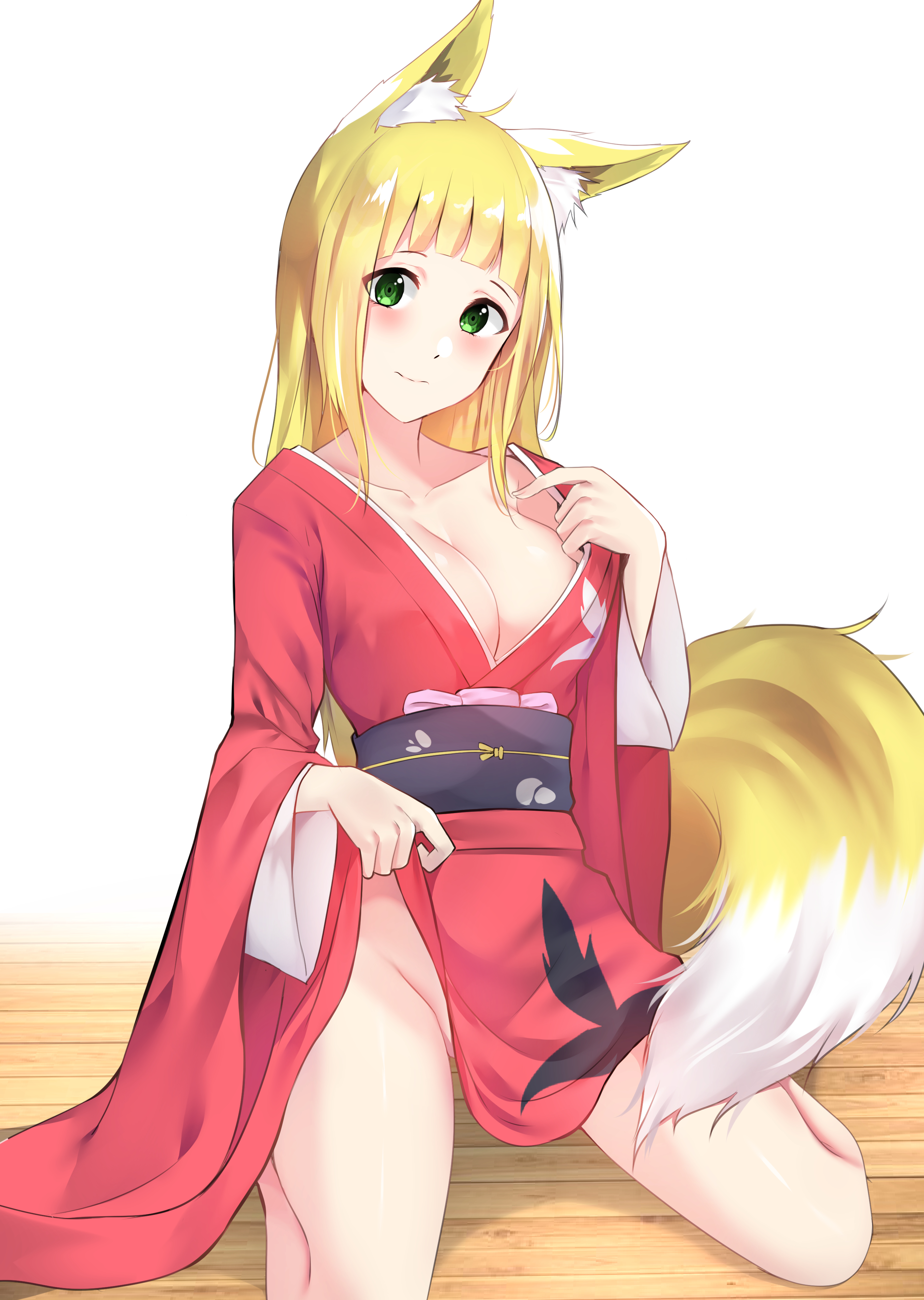 1girls, animal ears, blonde hair, blush, breast grab, breasts, cleavage, dungeon ni deai wo motomeru no wa machigatteiru darou ka, female, female only, green eyes, japanese clothes, lifting clothing, long hair, looking at viewer, okamired, on knees, presenting, sanjouno haruhime, sitting, smile, solo, tagme, tail