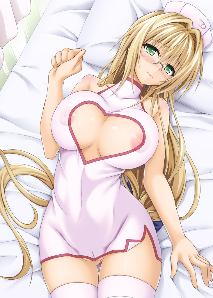 3:, alternate costume, areola, areola slip, blonde hair, blush, breasts, cleavage cutout, clothing, erect nipples, erect nipples under clothes, female, glasses, gluteal fold, green eyes, heart cutout, kasukabe tarou, large breasts, legs together, long hair, looking at viewer, lying, nipple slip, nipples, no panties, nurse, nurse cap, pillow, stockings, tearju lunatique, thighhighs, to love-ru, to love-ru darkness