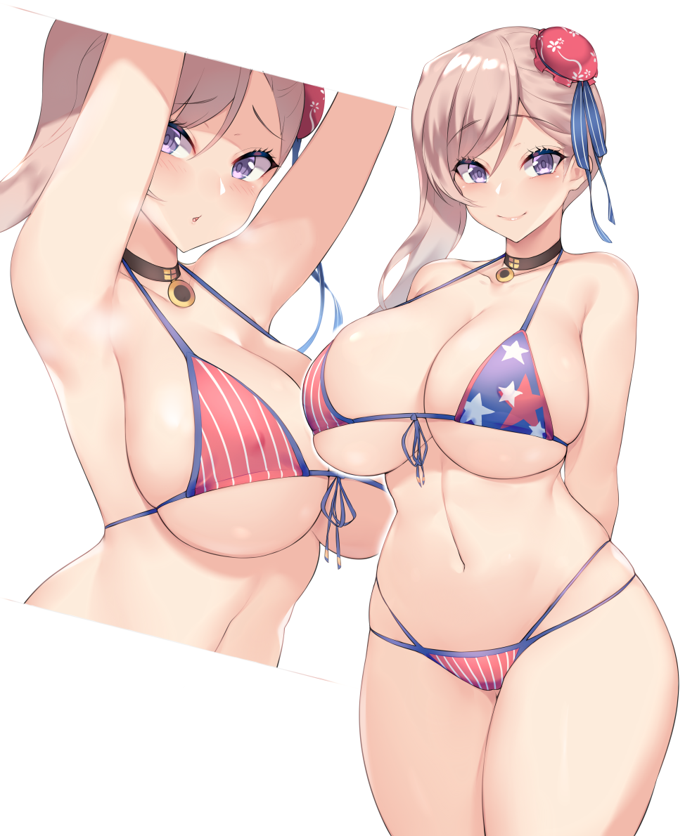 1girls, american flag, american flag bikini, breasts, cleavage, fate (series), fate/grand order, female, female only, kuavera, large breasts, miyamoto musashi (fate), miyamoto musashi (swimsuit berserker), solo