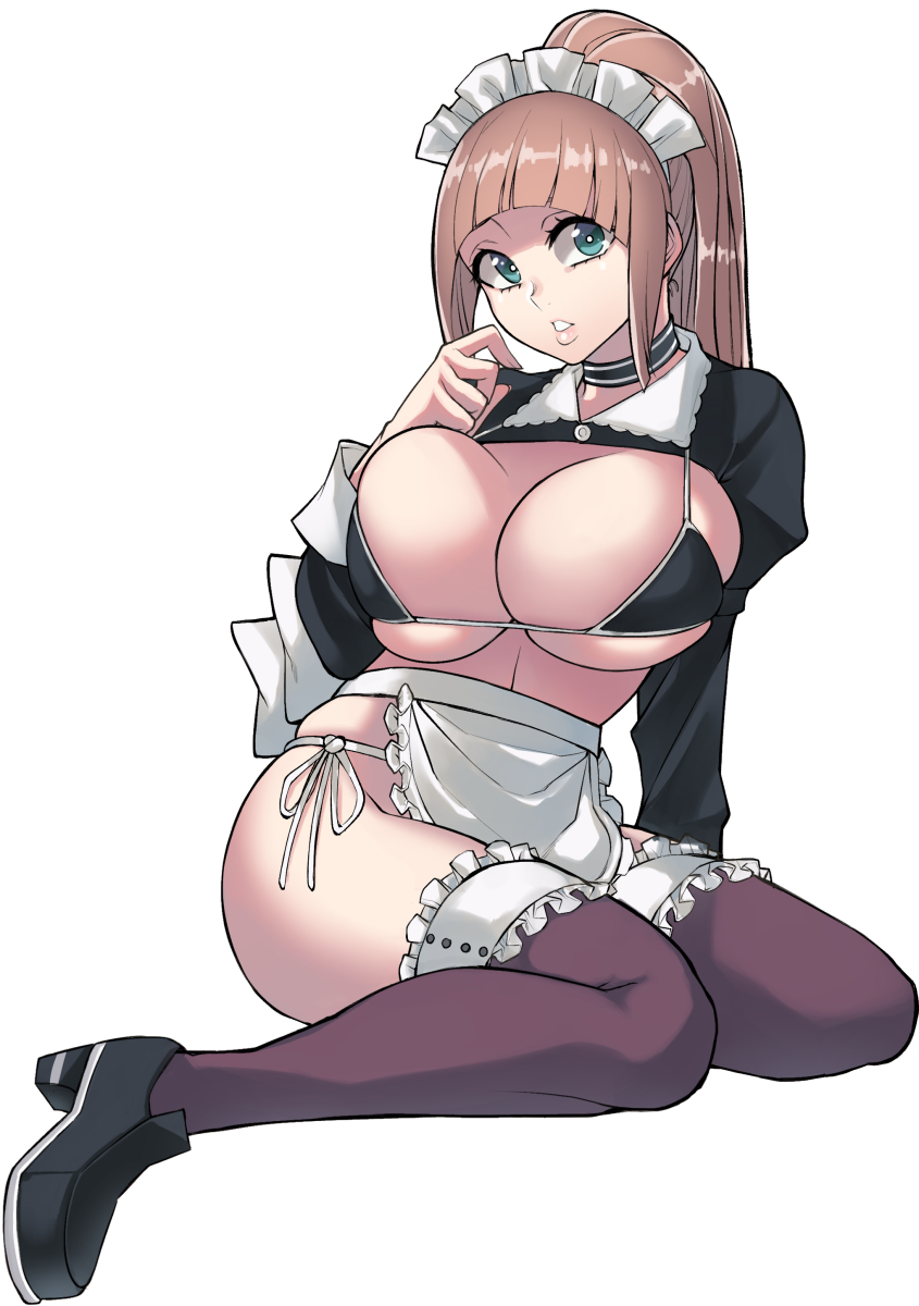 bl00d h00d, blue eyes, breasts, busty, felicia (fire emblem), female, female only, fire emblem, fire emblem fates, maid uniform, pink hair, pressed against, small bikini, solo, tagme