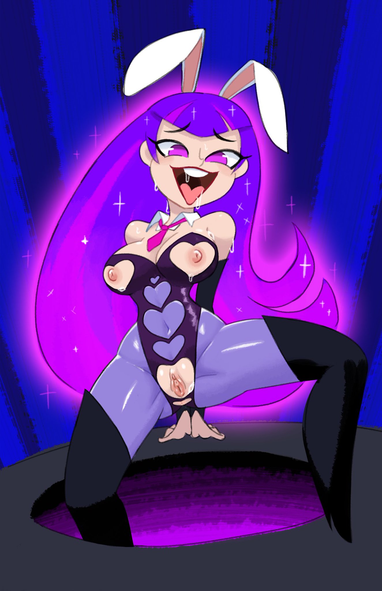 1girls, bowtie, breasts, bunny ears, clitoris, dc, dc comics, dc super hero girls, drooling, exposed breasts, exposed pussy, female, female only, looking at viewer, magician, magician hat, minus8, nipples, purple eyes, purple hair, pussy, solo, sweat, sweatdrop, sweating, thighs, tongue, tongue out, vulva, zatanna, zee zatara