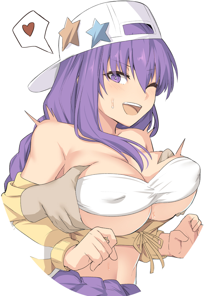 bandeau, bb (fate), bb (swimsuit mooncancer), big breasts, breast grab, breast grope, breast hold, breast squeeze, breasts, erect nipples, fate (series), fate/grand order, female, grabbing, grabbing from behind, groping, groping from behind, happy, hat, jacket, matching hair/eyes, nipple bulge, nipples, off shoulder, open mouth, pleasure face, purple eyes, purple hair, shiseki hirame, shocked, smile, strapless, strapless bikini, sweatdrop, swimsuit