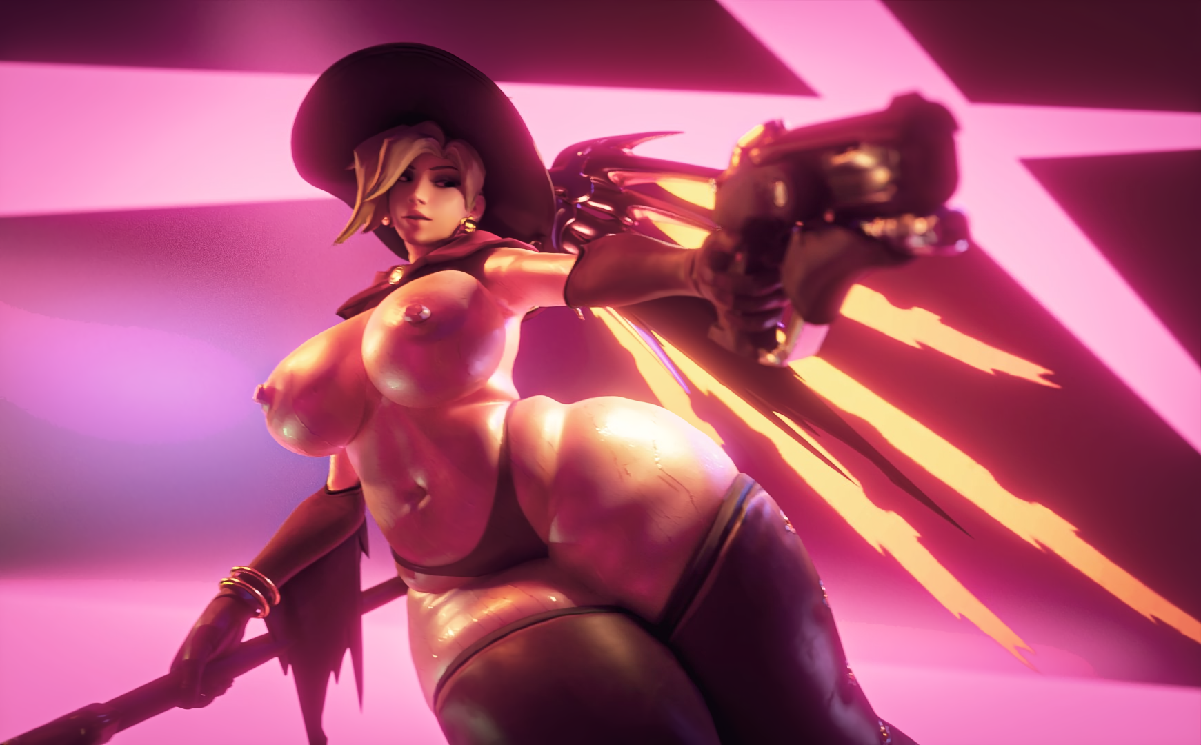 3d, alternative costume, angel wings, areolae, ass, asymmetrical hair, bangs, bare breasts, bare shoulders, blender (software), blizzard entertainment, blonde hair, blue eyes, breasts, breasts apart, cleavage, curvaceous, detached sleeves, female, female only, full cleavage, halloween, halloween costume, halterneck, hat, high heels, high resolution, highleg, highleg leotard, huge ass, huge breasts, lace, lace trim, lace-trimmed thighhighs, large breasts, leotard, looking at viewer, maxboost, mercy, nipples, nude, oerba yun fang, overwatch, plump, red nails, revealing clothes, revision, shoes, sideboob, smile, solo, solo female, sweat, thick thighs, thighhighs, thighs, tongue, tongue out, undressing, wide hips, wings, witch hat, witch mercy