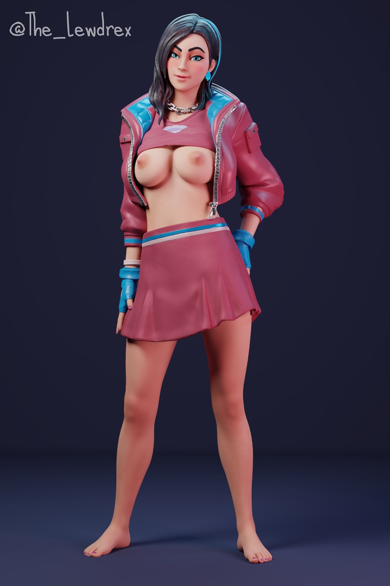 1girls, 3d, breasts, female, female only, fortnite, lewdrex, lifted shirt, pink skirt, pink toenails, rox (fortnite), skirt, tagme
