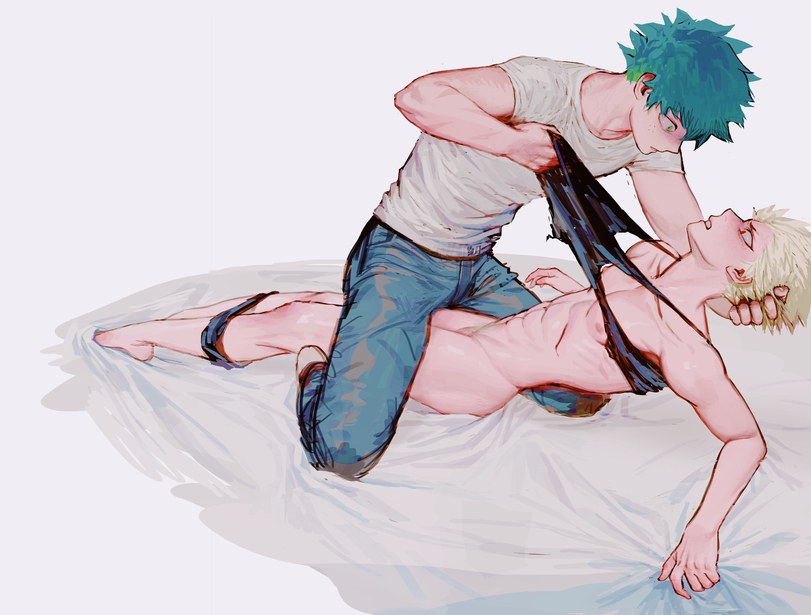 2boys abs bed bed_sheet blonde_hair clothed clothing domination gay green_eyes hand_on_head izuku_midoriya katsuki_bakugou looking_at_partner male male/male male_only muscles muscular muscular_male my_hero_academia no_sex no_visible_genitalia pants pants_down red_eyes ripped_clothing scar scars short_hair wengwengchim yaoi