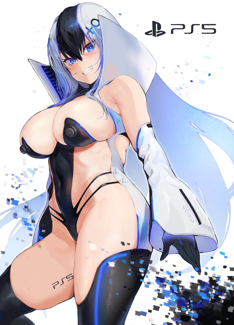 1girls, bangs, bare shoulders, black gloves, black hair, black legwear, blue eyes, blush, body writing, breasts, cleavage, console-tan, covered navel, detached sleeves, female, gloves, gradient hair, grin, hair between eyes, hair ornament, highleg, iku (ikuchan kaoru), large breasts, leotard, long hair, looking at viewer, multicolored hair, original, ps5-tan, smile, sony, thighhighs, thighs, white hair, white sleeves