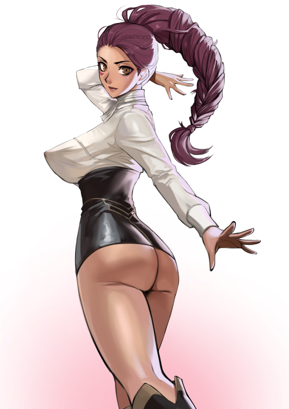akizora, ass, braided hair, braided ponytail, breasts, brown skin, dark skin, dark-skinned female, erect nipples, erect nipples under clothes, facial mark, female, fire emblem, fire emblem heroes, fire emblem: three houses, looking back, nipple bulge, nipples, no panties, perky breasts, perky nipples, petra macneary, pubic hair, tagme, tattoo