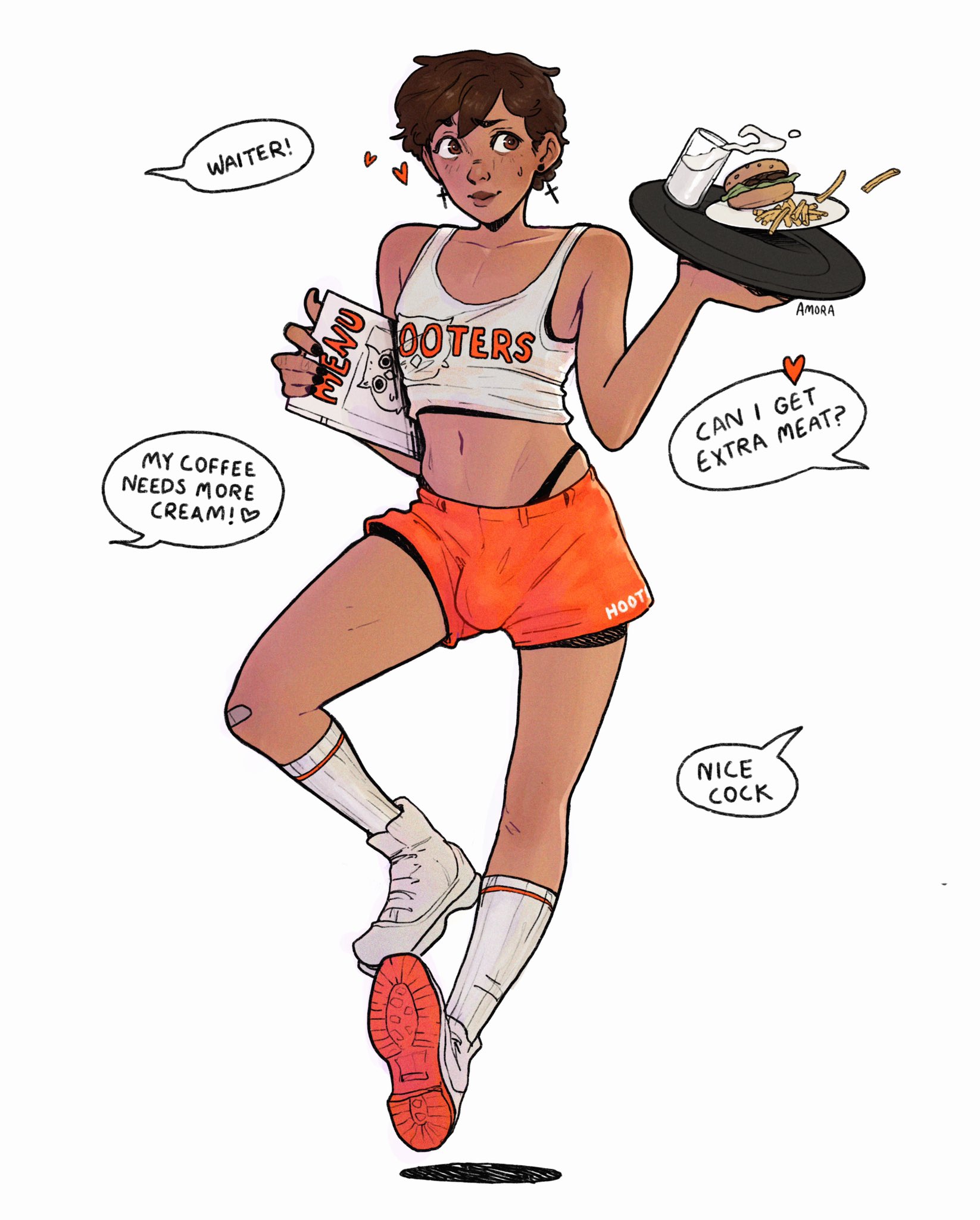 1boy, amora, bandage, black fingernails, booty shorts, brown eyes, brown hair, brunette, bulge, burger, crop top, dark skin, dark-skinned femboy, dark-skinned male, dialogue, earrings, english text, femboy, femboy hooters, french fries, fries, girly, hamburger, heart, hearts, hooters, male, male only, milk, original, original character, pierced ears, piercing, piercings, serving tray, shoes, short hair, short shorts, shorts, sneakers, socks, solo, speech bubble, text, thong, trap, tray, waiter
