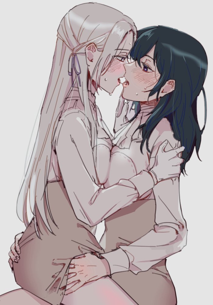 bang gu9, breast press, breasts, breasts pressed together, byleth (fire emblem), byleth (fire emblem) (female), edelgard von hresvelg, female, female only, fire emblem, fire emblem: three houses, green hair, kissing, long hair, making out, pressing breasts together, white hair, yuri