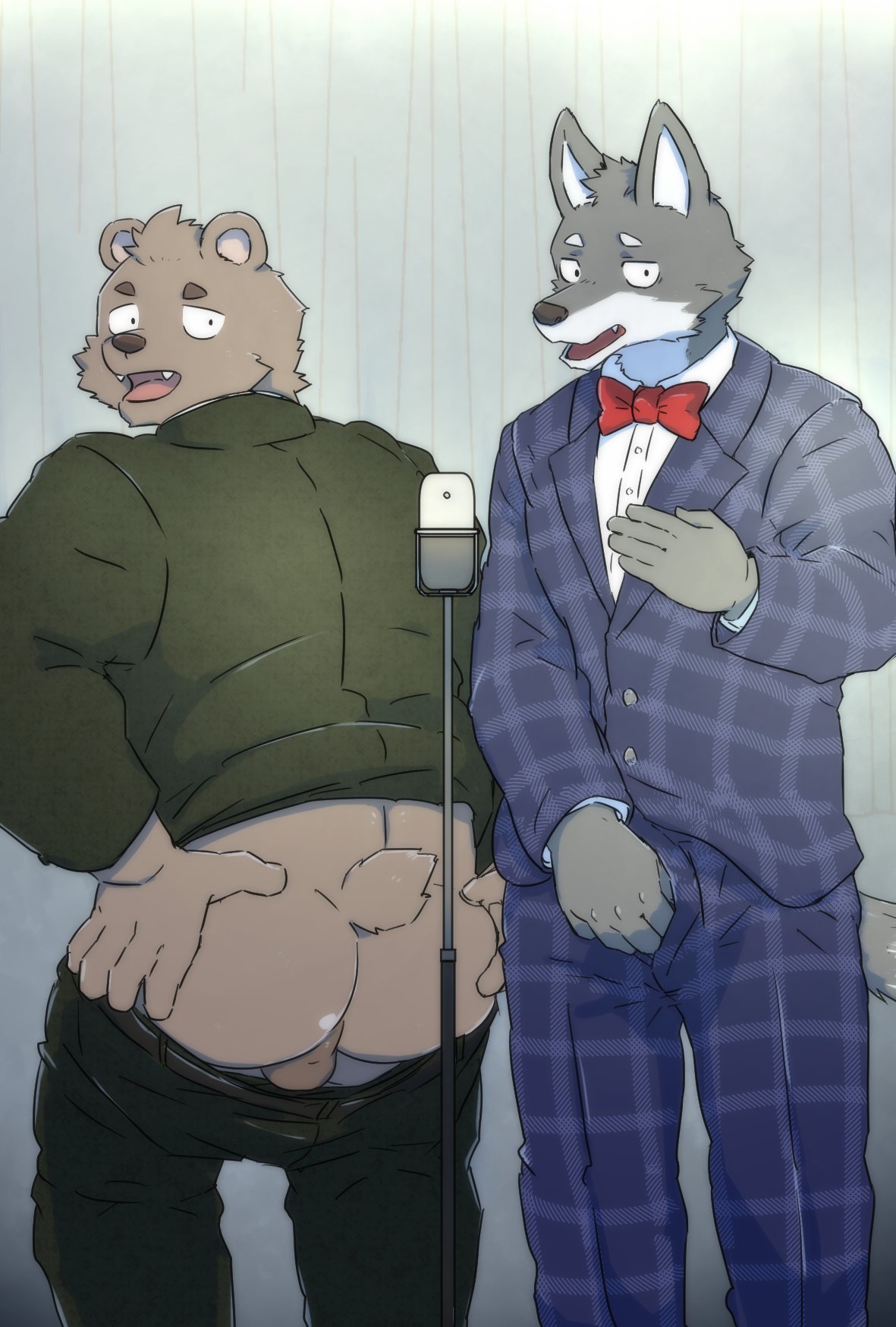 2020 anthro ass balls bottomwear bow_tie brown_body brown_fur canid canine canis clothing domestic_dog duo fur genitals hi_res humanoid_hands male male_only mammal pants shinki_k shirt slightly_chubby topwear ursid