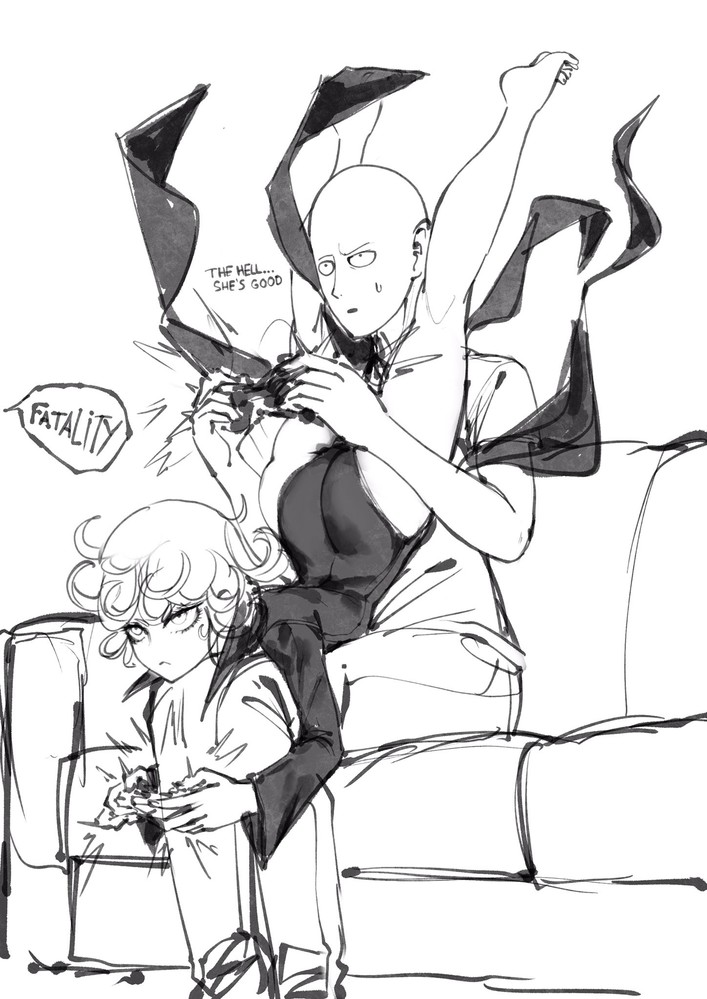 1boy, 1girls, black and white, blad, breasts, clothed, clothing, controller, dress, female, flying, male, medium breasts, monochrome, one-punch man, playing, playing videogame, saitama, sketch, sofa, sweat, tatsumaki, text, thegoldensmurf, thick thighs, thighs, tight clothing