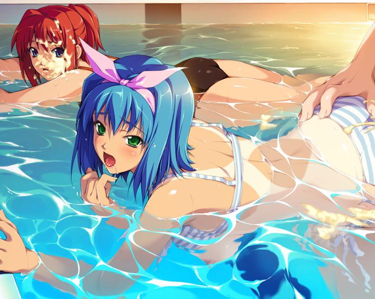 2girls bikini blue_hair cum gakuen_saimin_reido game_cg green_eyes mizushiro_nagisa multiple_girls satou_futoshi tan tanline