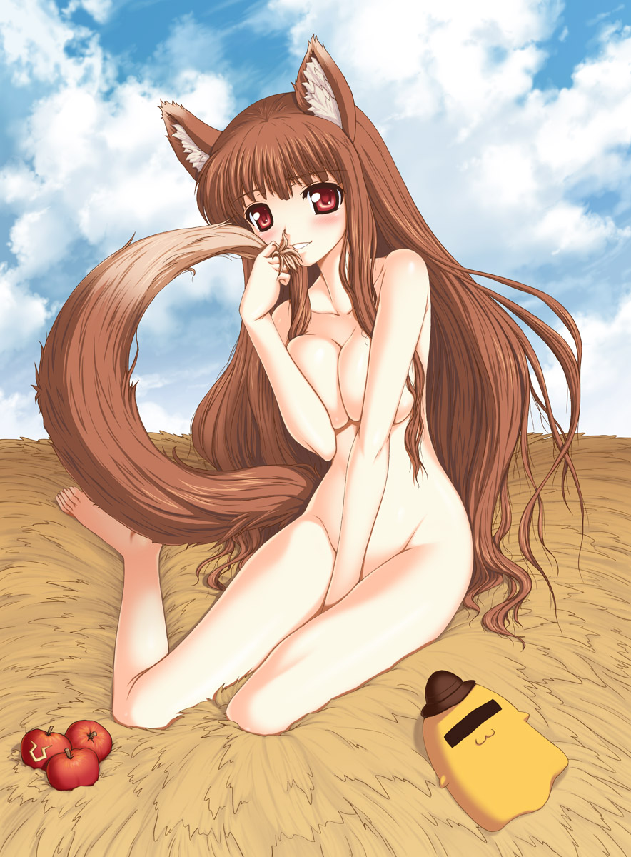 1girls animal_ears aokihoshi apple barefoot blush breast_squeeze breasts cheese-kun cloud clouds code_geass collarbone completely_nude completely_nude_female covering covering_breasts covering_crotch covering_pussy crossover feet female flyking food fruit hay highres holding holding_apple holding_fruit holo large_breasts long_hair mascot nude nude_female nudist outdoors outside pizza_hut red_eyes sky smile solo spice_and_wolf tail toes very_long_hair