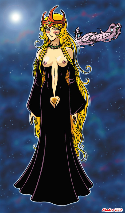 1girls 2006 alien black_dress blonde_hair blondie blush breastless_clothes breasts crotchless_clothes crown female large_breasts leijiverse light-skinned_female light_skin long_hair madoc necklace nipples pubic_hair pussy queen queen_millennia robe space spaceship very_long_hair yayoi_yukino