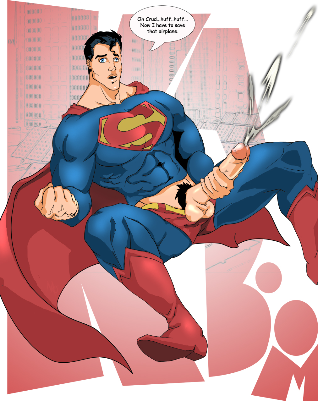 1boy black_hair black_pubic_hair dc_comics hair kiss_curl male male_focus male_masturbation male_only male_pubic_hair masturbation penis_out pubic_hair solo solo_male speech_bubble superman superman_(series)