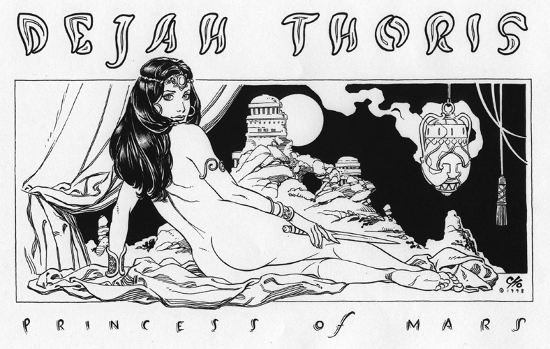 1990s 1998 20th_century a_princess_of_mars ass back_view barsoom dejah_thoris female female_only frank_cho holding_object human jewelry john_carter_of_mars looking_back monochrome nude solo sword tagme