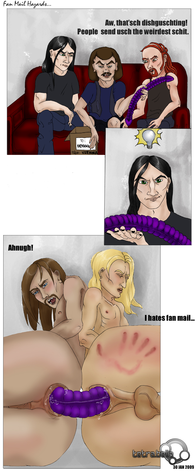 3boys anal_penetration black_hair blonde_hair blue_eyes brown_hair dethklok dildo dildo_in_ass double_dildo erect_nipples facial_hair forced_anal gay gay_sex metalocalypse mouth_open nathan_explosion nude sex_toy sex_toy_in_ass skwisgaar_skwigelf spank_mark toki_wartooth