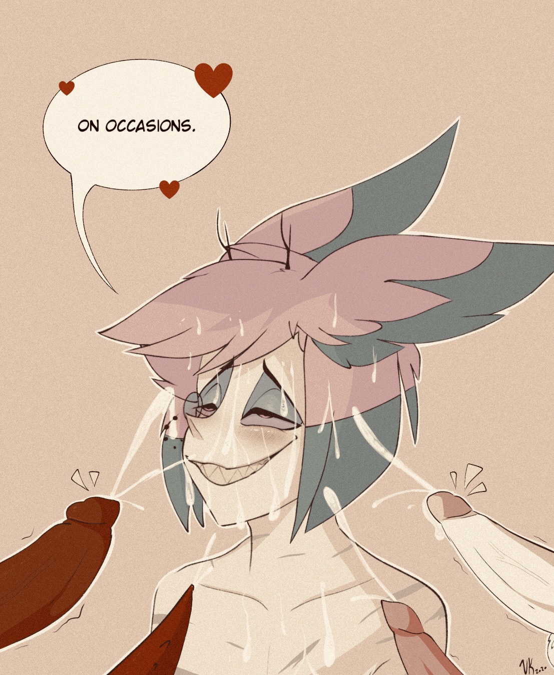 2020, 5boys, alastor (hazbin hotel), blush, bodily fluids, cum, cum on face, cumshot, demon, digital media (artwork), dripping, ears back, ejaculation, erection, facial, genital fluids, genitals, group sex, hair, hazbin hotel, heart, hi res, humanoid, looking pleasured, looking up, male, male only, mostly nude, narrowed eyes, orgasm, orgy, penis, pivoted ears, red hair, scars, signature, simple background, smile, smooth skin, solo focus, spindlehorse toons, text, text bubble, vivienne medrano, vivziepop, vksuika, yaoi