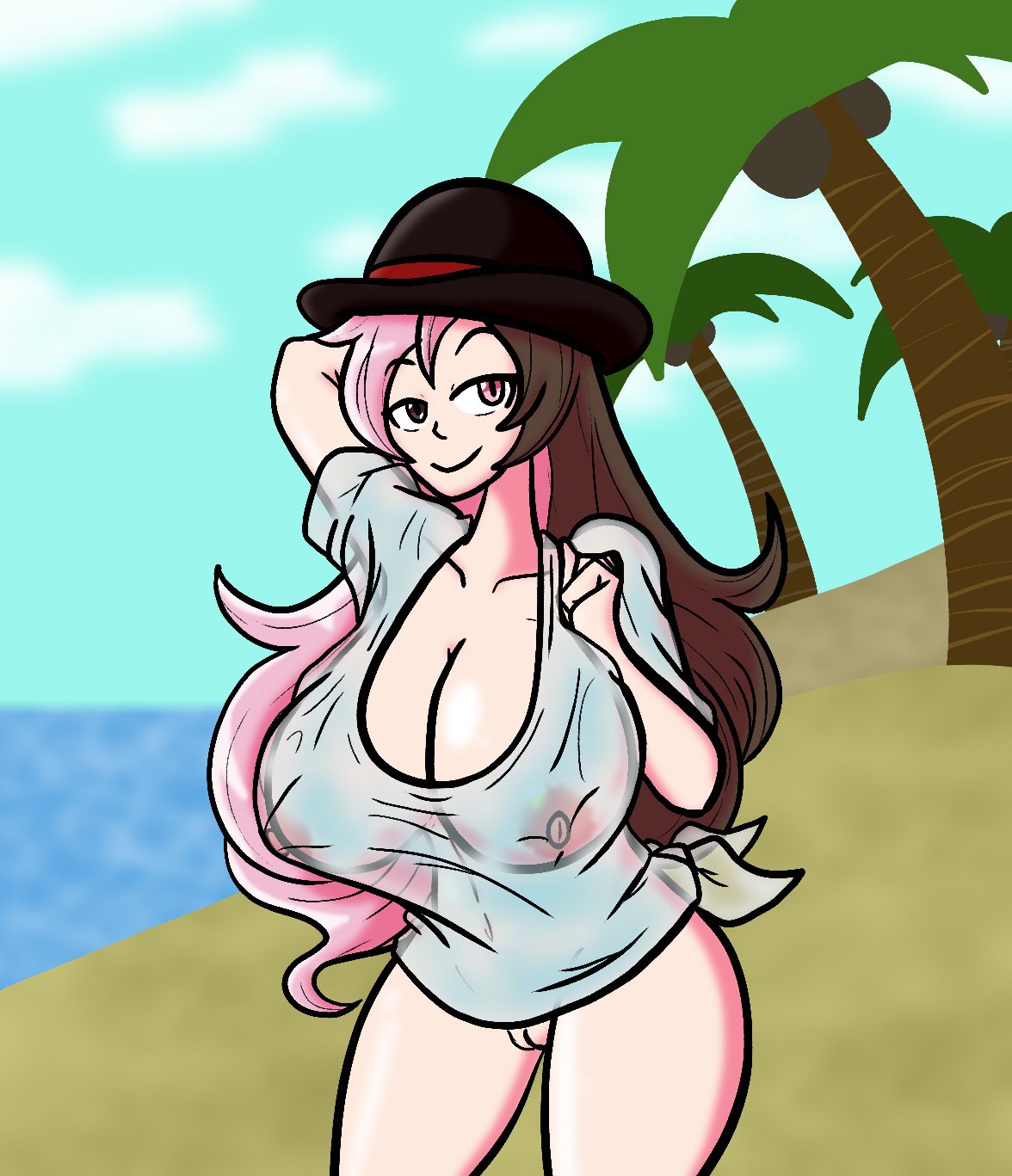 1girls big_breasts deto_the_tiddu hat heterochromia multicolored_hair neo_(rwby) nipples pussy rwby see-through solo wet_shirt