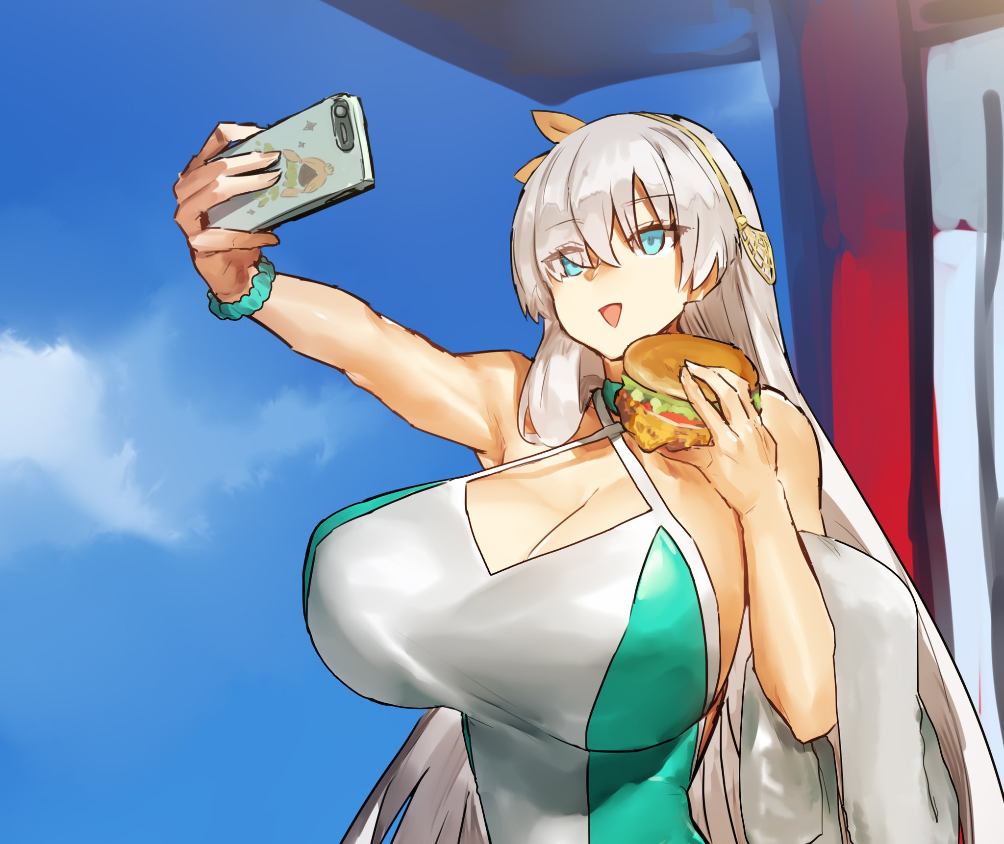 1girls, anastasia (fate), blue eyes, breasts, burger, fate (series), fate/grand order, female, female only, food, hairband, holding object, huge breasts, large breasts, long hair, melon22, one-piece swimsuit, open mouth, phone, selfie, silver hair, solo, swimsuit