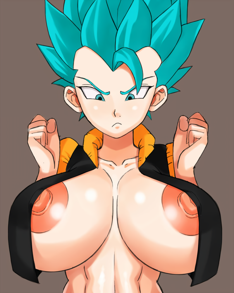 1girls annoyed big_breasts big_nipples blue_eyes blue_hair breasts confused confusion dragon_ball dragon_ball_super female female_gogeta fusion genderswap_(mtf) gogeta grey_background huge_breasts light-skinned_female light_skin looking_at_breasts looking_down metamoran_clothing nipples rule_63 saiyan shiny_breasts shiny_skin short_hair spiky_hair super_saiyan super_saiyan_blue ttrop