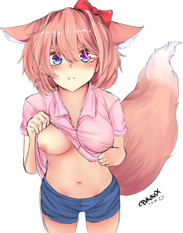 1girls blue_eyes bow breasts crunnix cute doki_doki_literature_club female fox_ears fox_tail hairbow just_sayori kitsune looking_at_viewer navel nipple one_breast_out pink_shirt pouty pouty_lips pov pov_eye_contact red_bow sayori_(doki_doki_literature_club) shirt_up simple_background solo solo_female thigh_gap thighs