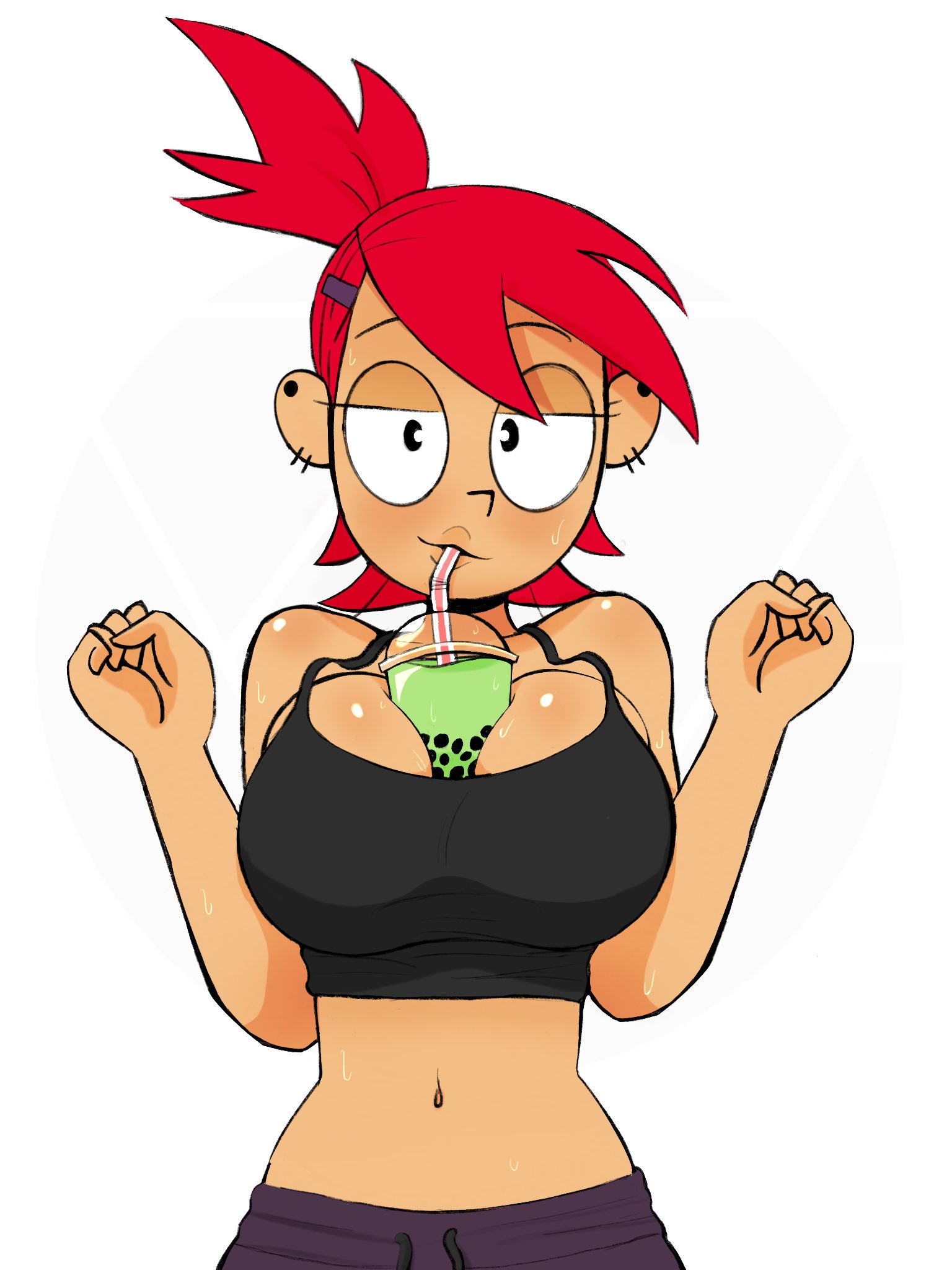 1girls, belly button, belly shirt, between breasts, beverage, big breasts, breasts, bubble tea, bubble tea challenge, cartoon network, earrings, female, female focus, female only, foster's home for imaginary friends, frankie foster, j0xciv, large breasts, navel, ponytail, red hair, shorts, solo, sweat