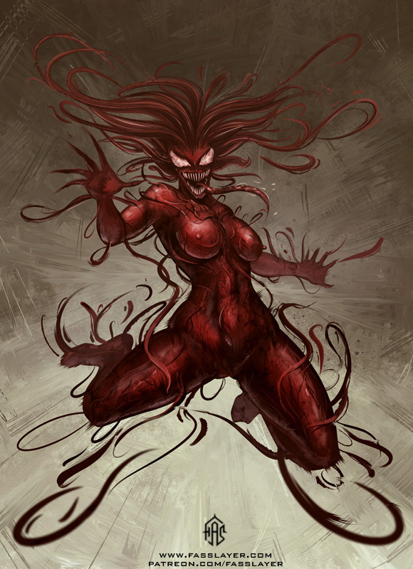 1girls, alien, breasts, carnage (marvel), claws, fasslayer, female, female focus, female only, marvel, marvel comics, nipples, prehensile tongue, red skin, saliva, sharp claws, sharp teeth, she-carnage, spider-man (series), symbiote, teeth, tendrils, tentacle, tentacles, thighs, tongue, tongue out, white eyes