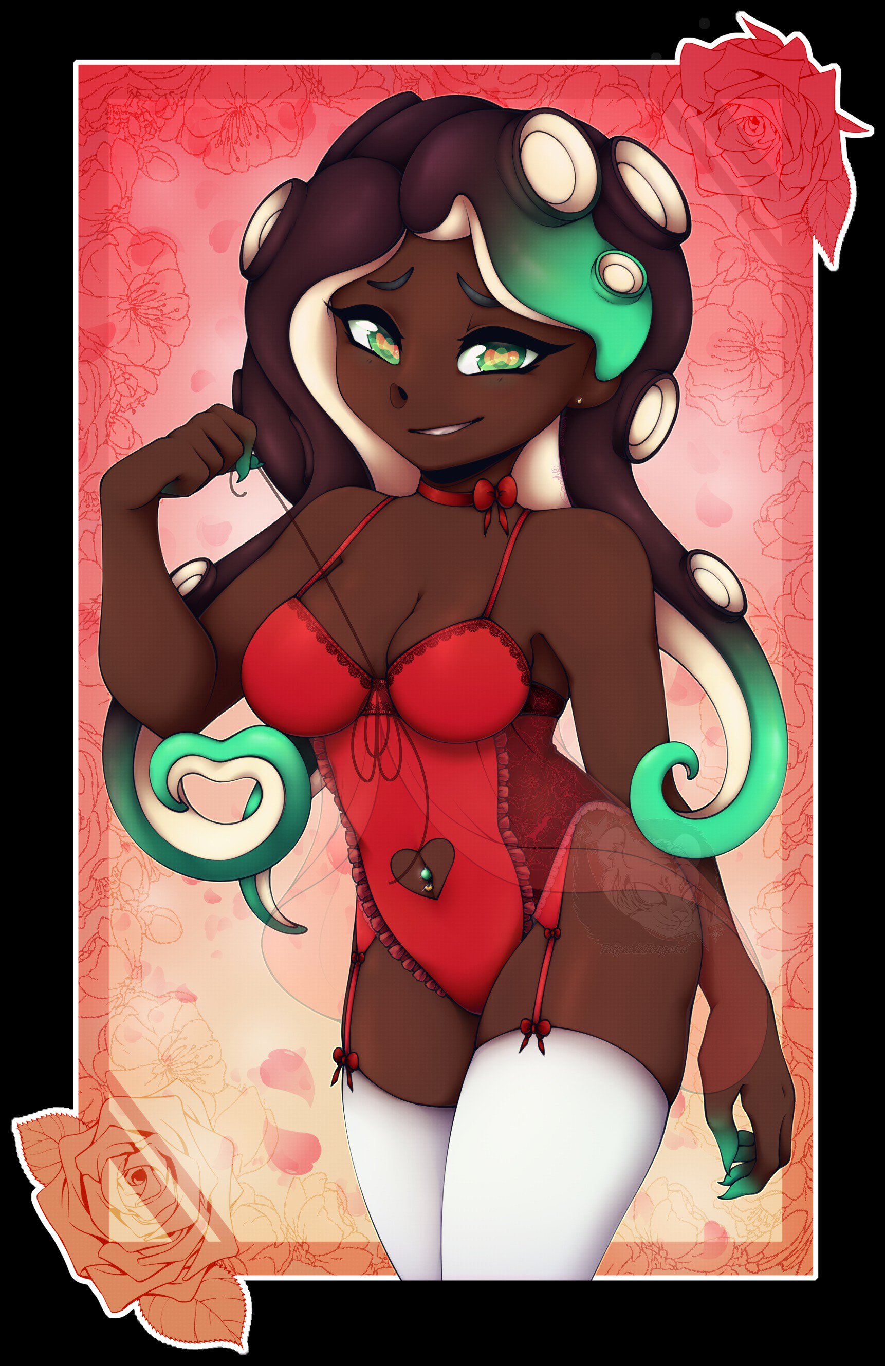 1girls, breasts, bustier, cephalopod, cephalopod humanoid, collar, dark skin, dark-skinned female, female, female only, green eyes, heart, lingerie, looking at viewer, marina (splatoon), multicolored hair, nintendo, octoling, piercing, presenting, seductive, smile, solo, solo female, solo focus, splatoon, splatoon 2, stockings, taiganotengoku, tentacle, tentacle hair, thick thighs