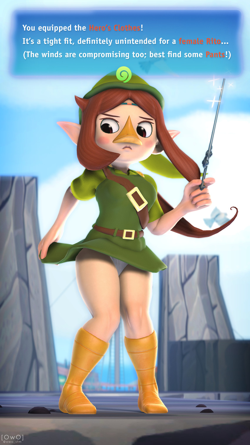 1girls background boots brown_hair clothing english_text female female_only frown hair hat humanoid looking_down looking_to_the_side medli nintendo owo_sfm panties pointy_ears ponytail rosy_cheeks skirt solo solo_female standing text text_box the_legend_of_zelda thick_thighs unamused underwear wand white_panties wind_waker