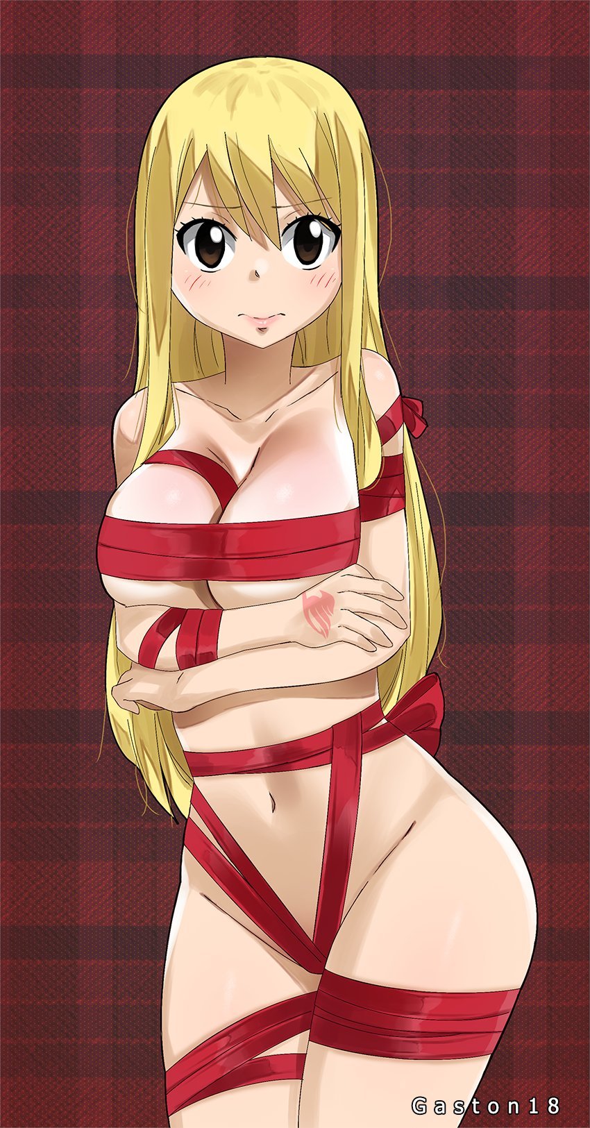 blonde_hair blush breasts brown_eyes eyebrows_visible_through_hair fairy_tail female full_body gaston18 gift_wrapping highres large_breasts long_hair lucy_heartfilia navel