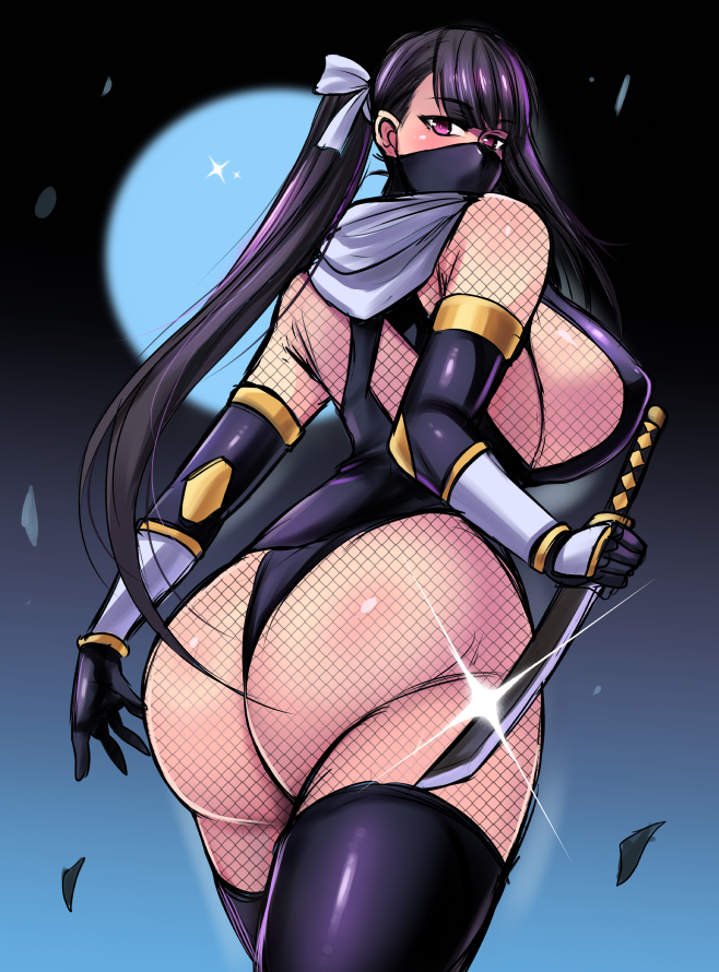 1girls, ass, back view, black hair, breasts, chainmail, female, female only, hair ornament, huge ass, katana, kunoichi, large breasts, long hair, looking at viewer, looking back, ninja, nishida megane, original, original character, ponytail, purple eyes, revealing clothes, sideboob, skimpy clothes, solo, solo female, thighhighs, thighs, thong, weapon