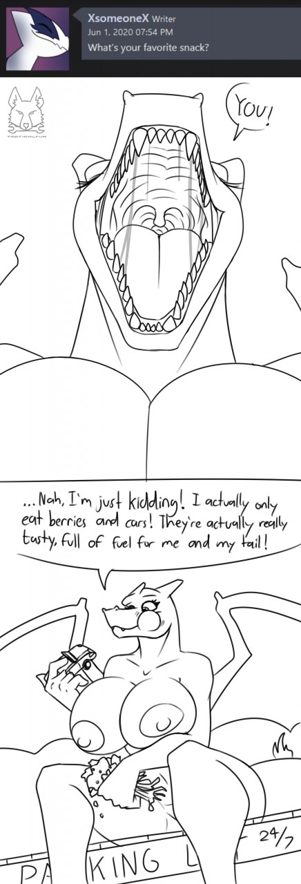 2020 anthro ask_blog big_breasts black_and_white breasts building car chari-gal charizard eating english_text female giantess hi_res horn macro monochrome mouth_shot multiple_scenes nintendo nipples nude open_mouth pokémon_(species) pokemon pokemon_(species) sharp_teeth sitting sketch solo speech_bubble tacticalfur teeth text tree vehicle video_games wings