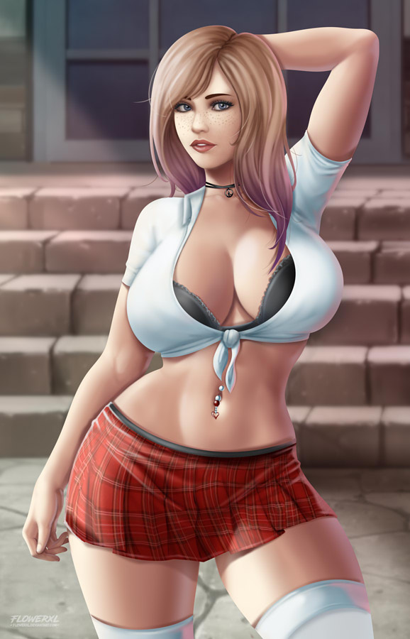 1girls, big breasts, breasts, cleavage, female, female only, flowerxl, large breasts, looking at viewer, solo, thighhighs