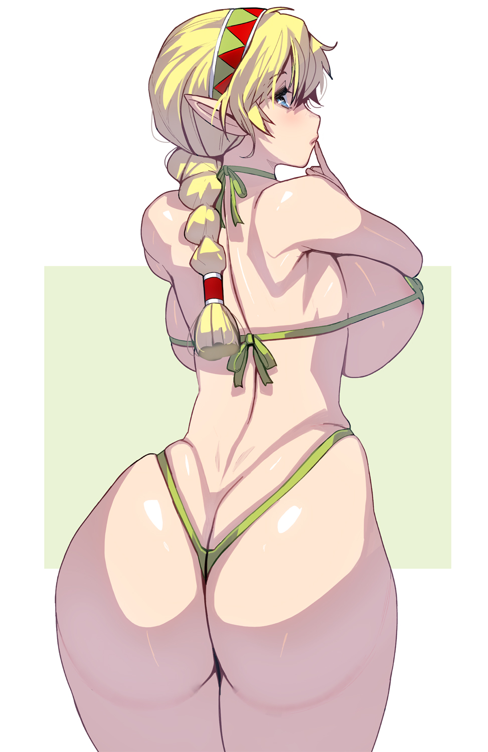 1girls, ass, ass cleavage, ass crack, back, backboob, bikini, blonde hair, blue eyes, braid, breasts, butt crack, elf, female, finger to mouth, green bikini, hairband, high resolution, highleg, highleg bikini, highleg swimsuit, huge breasts, long braid, looking back, masao, medium hair, micro bikini, original, plump, pointed ears, posterior cleavage, shiny, shiny skin, single braid, solo, swimsuit, thick thighs, thighs, thong, tied hair, white background