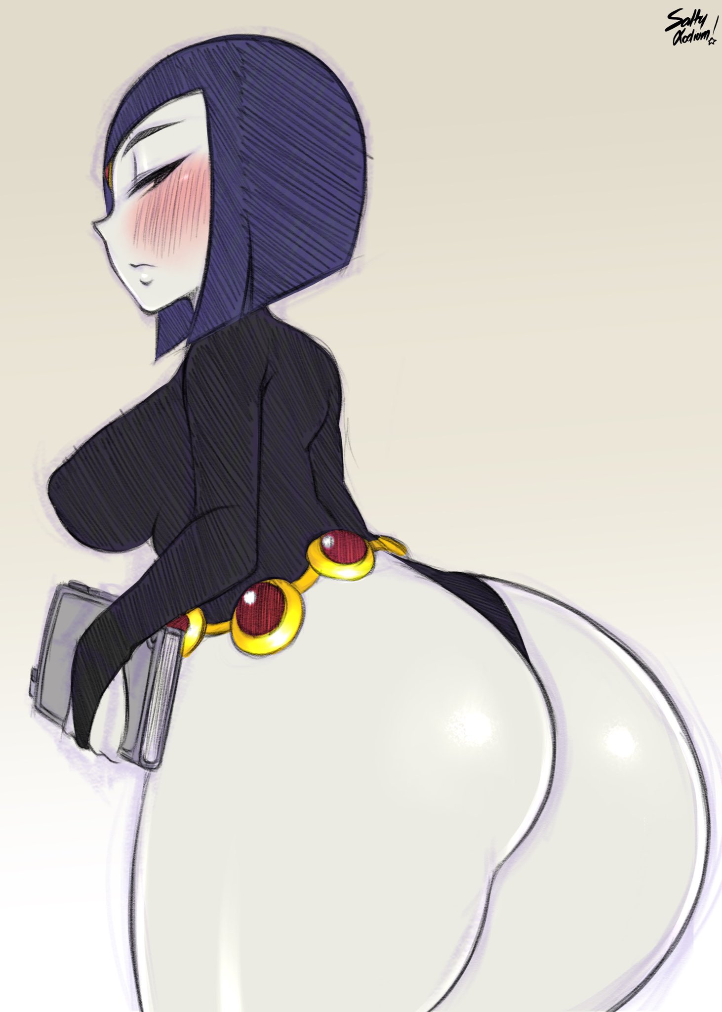1girls, ass, big ass, big breasts, black leotard, blush, book, bottom heavy, breasts, dc, dc comics, female, female only, huge ass, huge thighs, leotard, looking back, medium hair, purple eyes, purple hair, rachel roth, raven (dc), saltyxodium, sketch, solo, straight hair, teen titans, thick ass, thick thighs, watermark, white background, wide hips