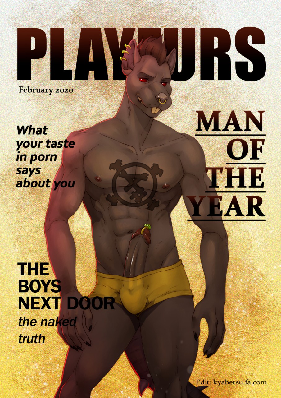 anthro balls brown_body brown_fur buckteeth bulge clothing cover ear_piercing english_text erection facial_piercing fur genital_piercing genitals hi_res humanoid_genitalia humanoid_penis kyabetsu magazine_cover male male_only mammal murid murine muscular muscular_male nose_piercing nose_ring penis penis_piercing piercing prince_albert_piercing rat red_eyes rodent solo tattoo teeth text underwear